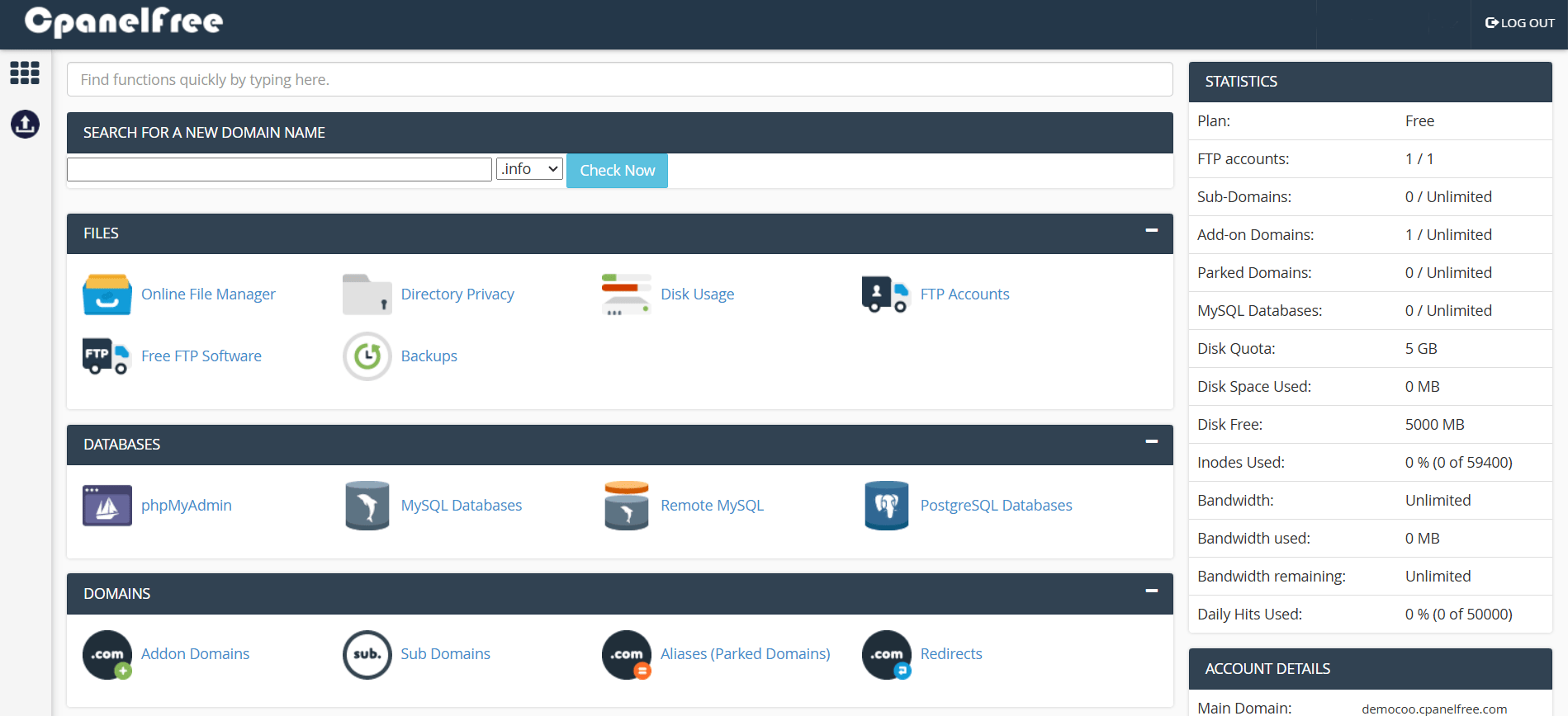 cpanelfree dashboard preview