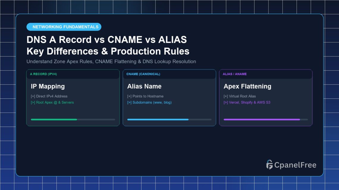 DNS A Record vs CNAME vs ALIAS Key Differences & Production Rules - CpanelFree Guide
