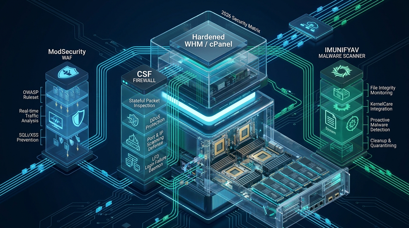 Hardening cPanel & WHM with ModSecurity, CSF Firewall, and ImunifyAV in 2026 - cPanel WHM security hardening