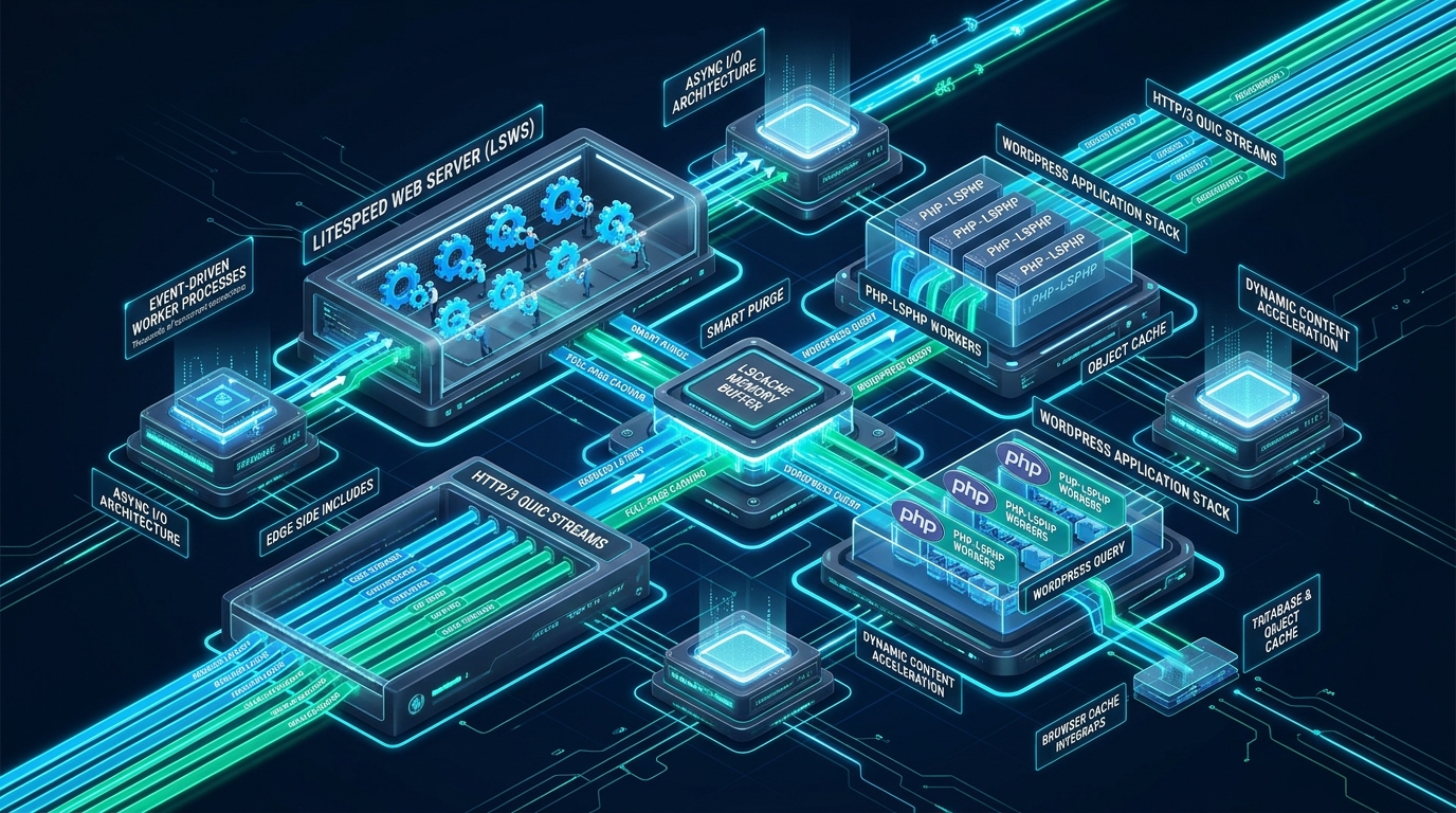 High-Concurrency LiteSpeed Web Server Tuning for WordPress in 2026 - 3D Architecture Infographic