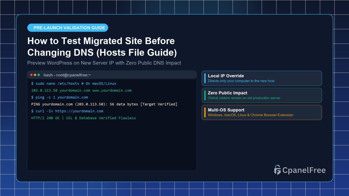 How to Test Migrated Site Before Changing DNS (Hosts File Guide) - CpanelFree Guide