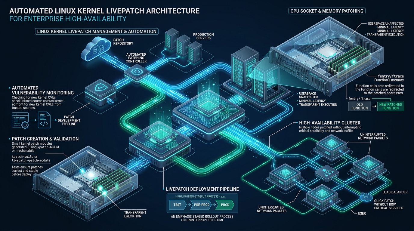 Automated Linux Kernel Livepatch Architecture for Enterprise High-Availability in 2026 - Linux Kernel Livepatch Architecture Infographic