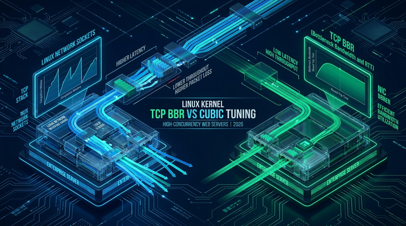 Linux Kernel TCP BBR vs CUBIC Tuning for High-Concurrency Web Servers in 2026 - 3D Architecture Infographic