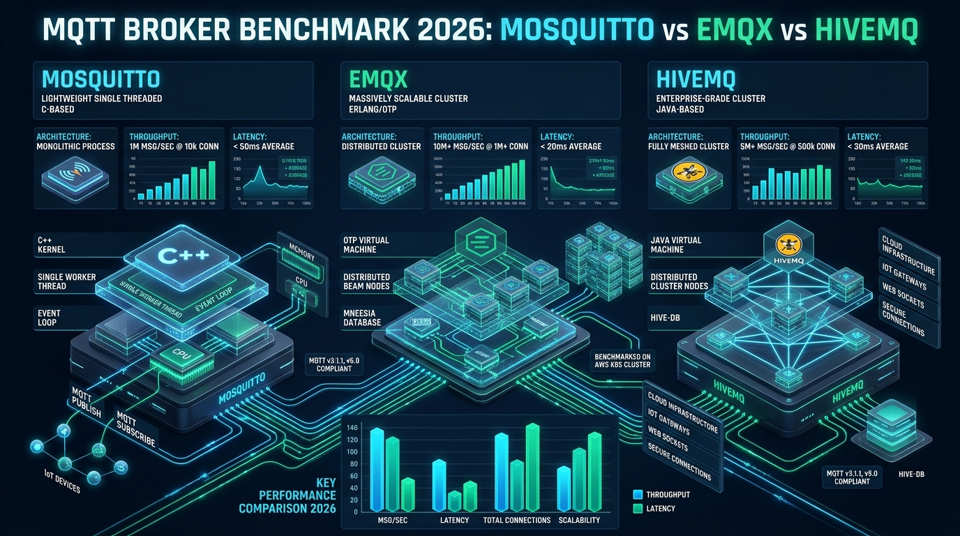 MQTT Broker Benchmark 2026: Mosquitto vs EMQX vs HiveMQ for IoT Infrastructure - mqtt broker comparison 2026 benchmark