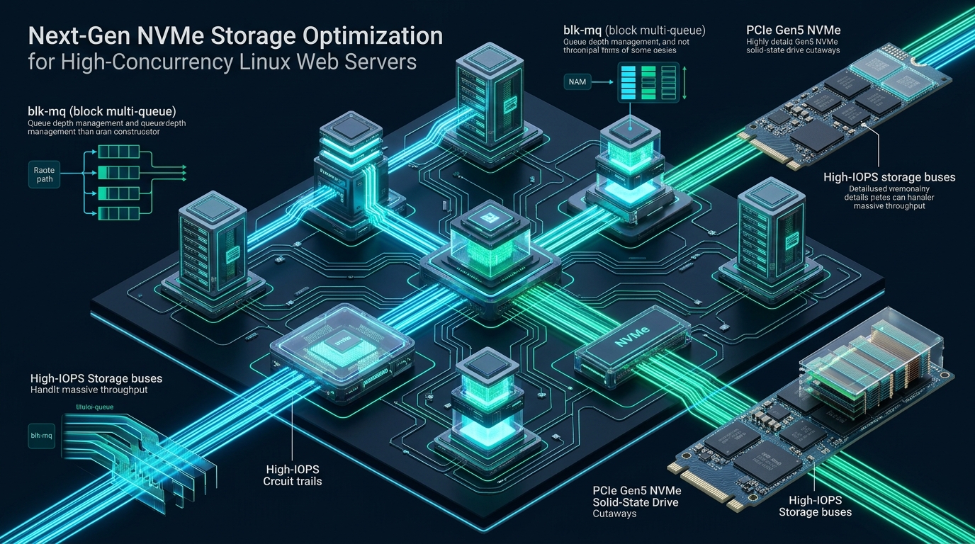 Next-Gen NVMe Storage Optimization for High-Concurrency Linux Web Servers in 2026 - 3D Architecture Infographic