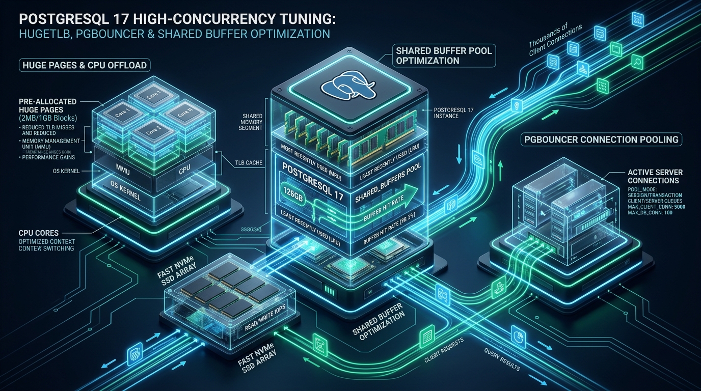 PostgreSQL 17 High-Concurrency Tuning: Huge Pages, PgBouncer & Buffer Pool Optimization - PostgreSQL 17 tuning PgBouncer