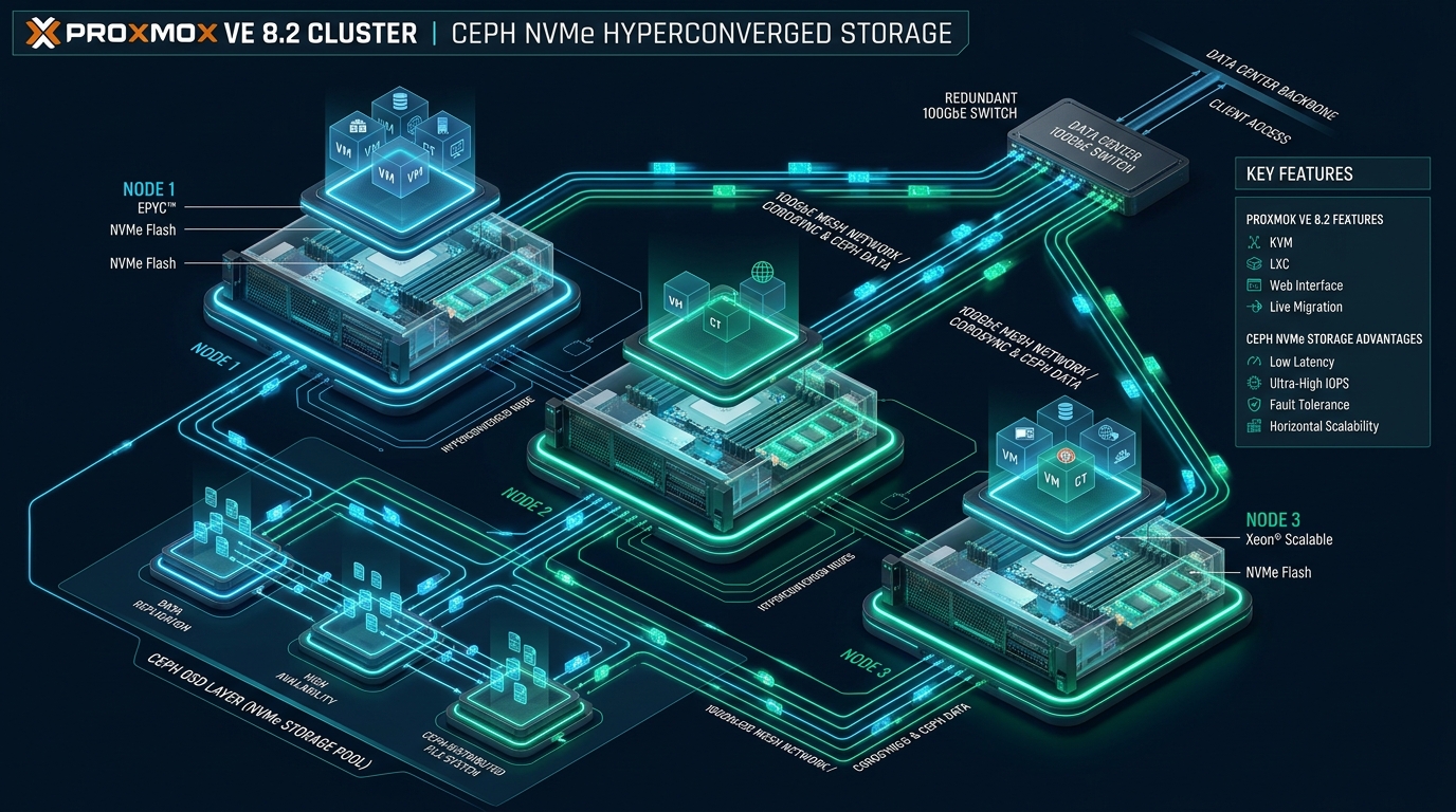 Proxmox VE 8.2 Cluster Architecture with Ceph NVMe Hyperconverged Storage - Proxmox VE Ceph NVMe hyperconverged
