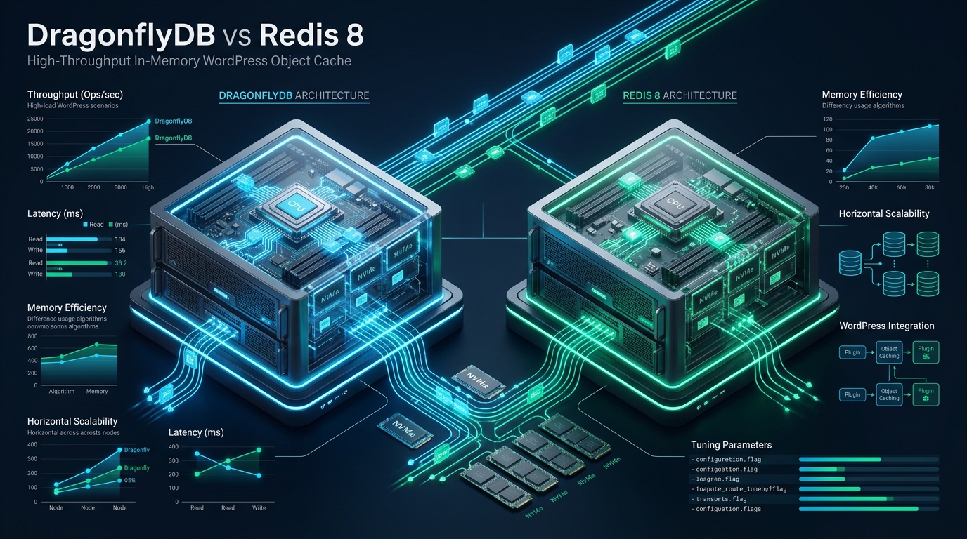Tuning DragonflyDB vs Redis 8 as a High-Throughput In-Memory WordPress Object Cache - DragonflyDB vs Redis 8 benchmark