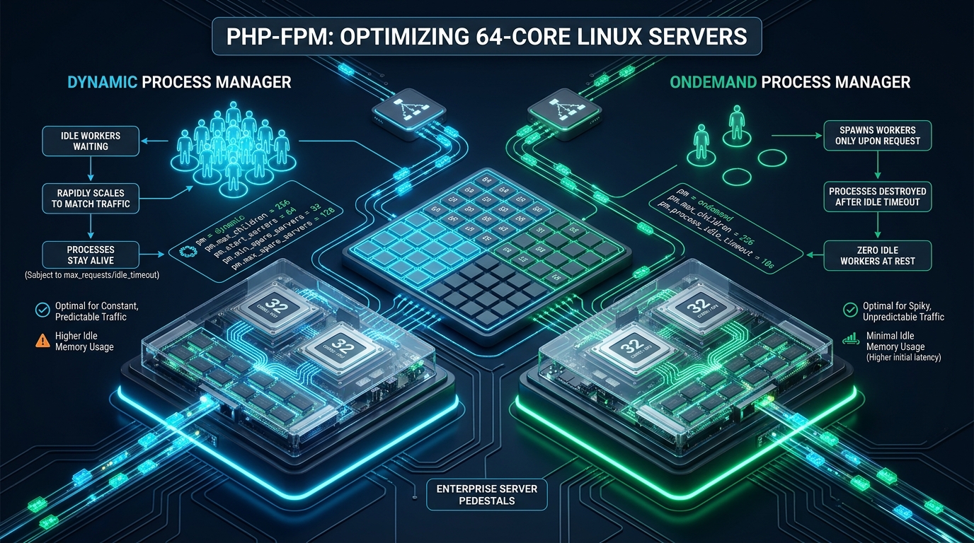 Tuning PHP-FPM Process Manager with Dynamic vs Ondemand on 64-Core Linux Servers - PHP-FPM dynamic vs ondemand tuning